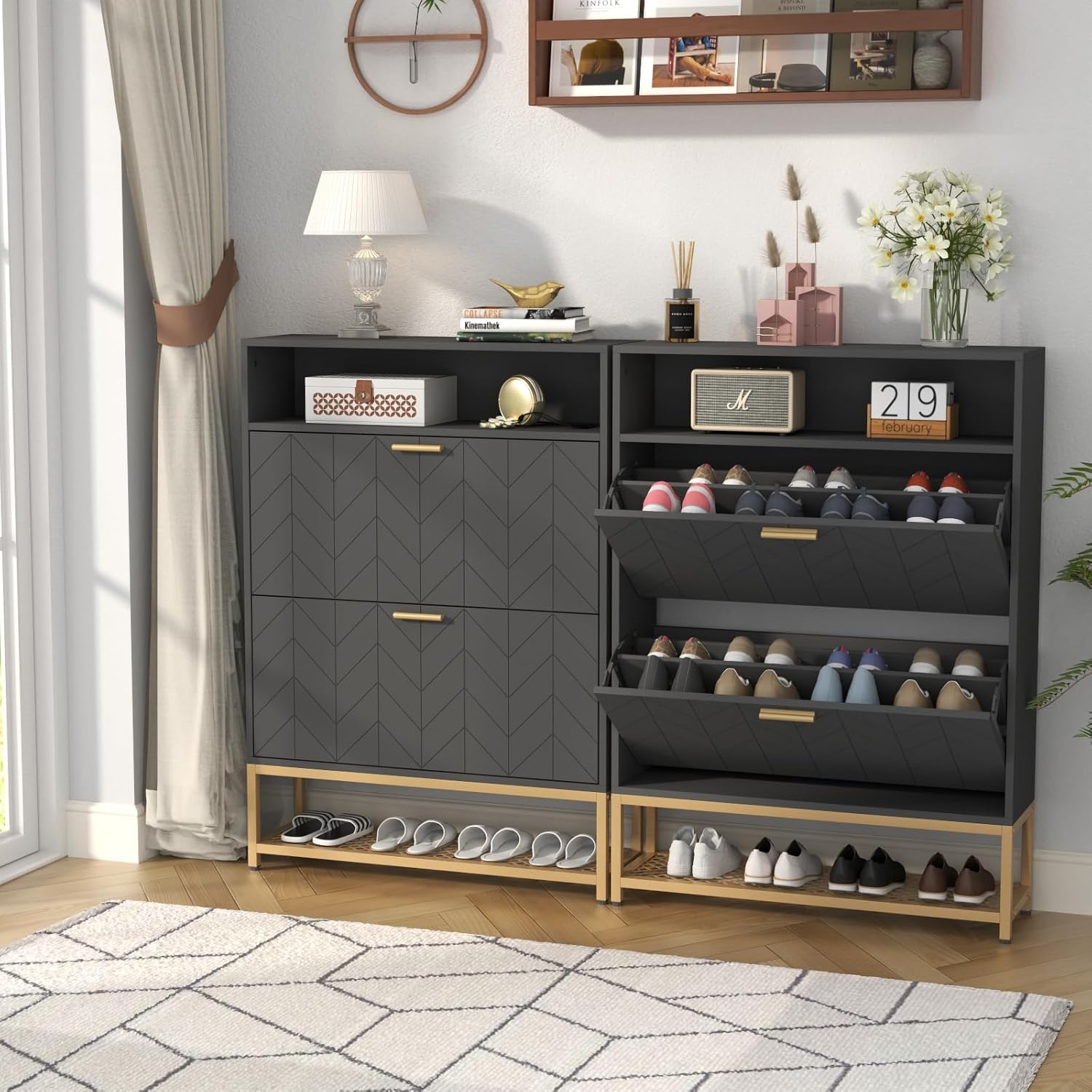 Shoe Storage Cabinet with 2 Flip Drawers, Freestanding Tipping Bucket Shoe Rack Organizer with Top Cubby & Storage Shelf, Narrow Slim Hidden Shoe Cabinet for Entryway, Hallway, Bedroom, Black