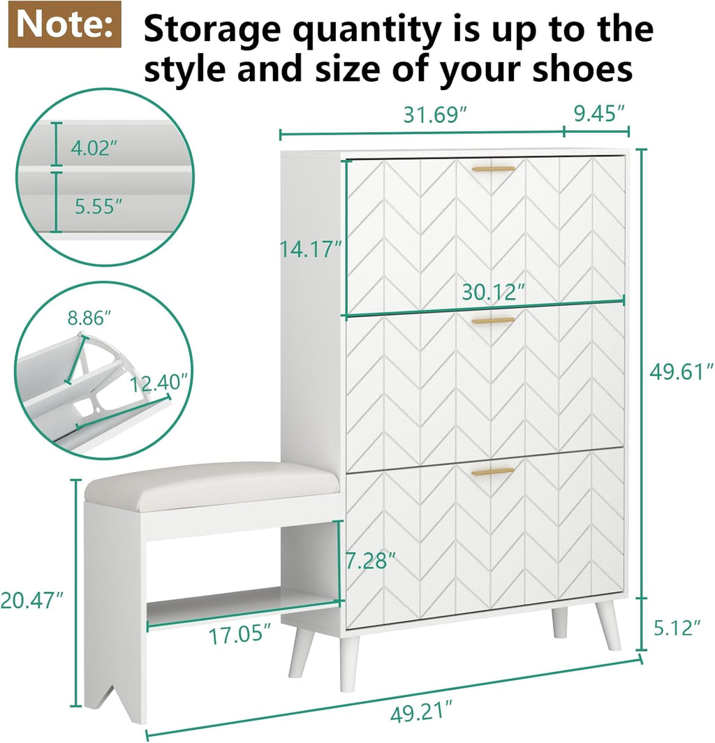 Shoe Storage Cabinet with 3 Flip Drawers, Shoe Cabinet with Bench & Open Shelf for Entryway, Freestanding Narrow Hidden Shoe Rack Organizer with Solid Wood Legs for Hallway (White)