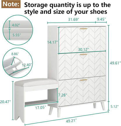 Shoe Storage Cabinet with 3 Flip Drawers, Shoe Cabinet with Bench & Open Shelf for Entryway, Freestanding Narrow Hidden Shoe Rack Organizer with Solid Wood Legs for Hallway (White)