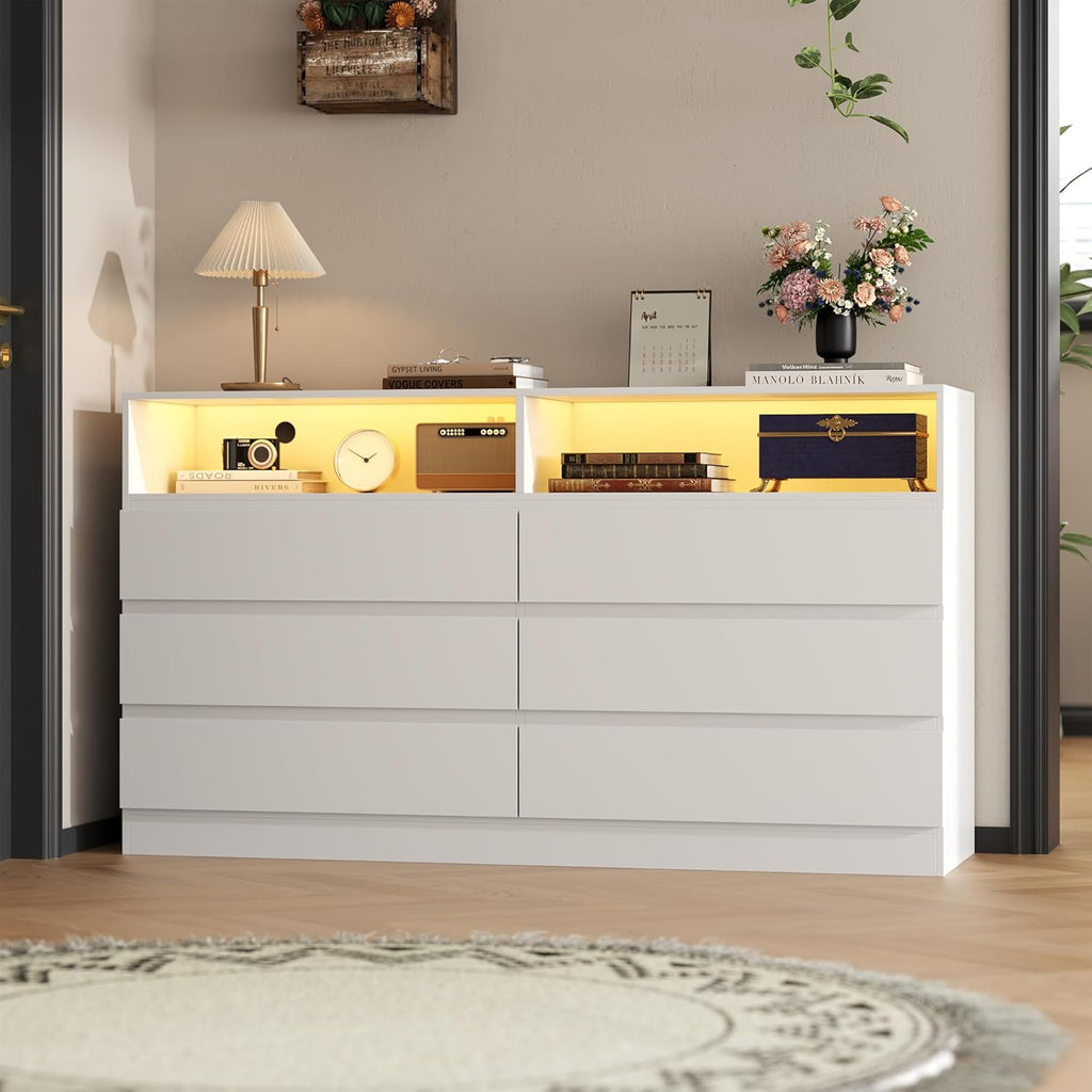 6 Drawer Dresser with Power Outlet, Modern White Dresser Chest of Drawers with LED Ligh, Wooden Dressers TV Stand, Double Wide Dressers Organizer for Bedroom, Living Room, Entryway