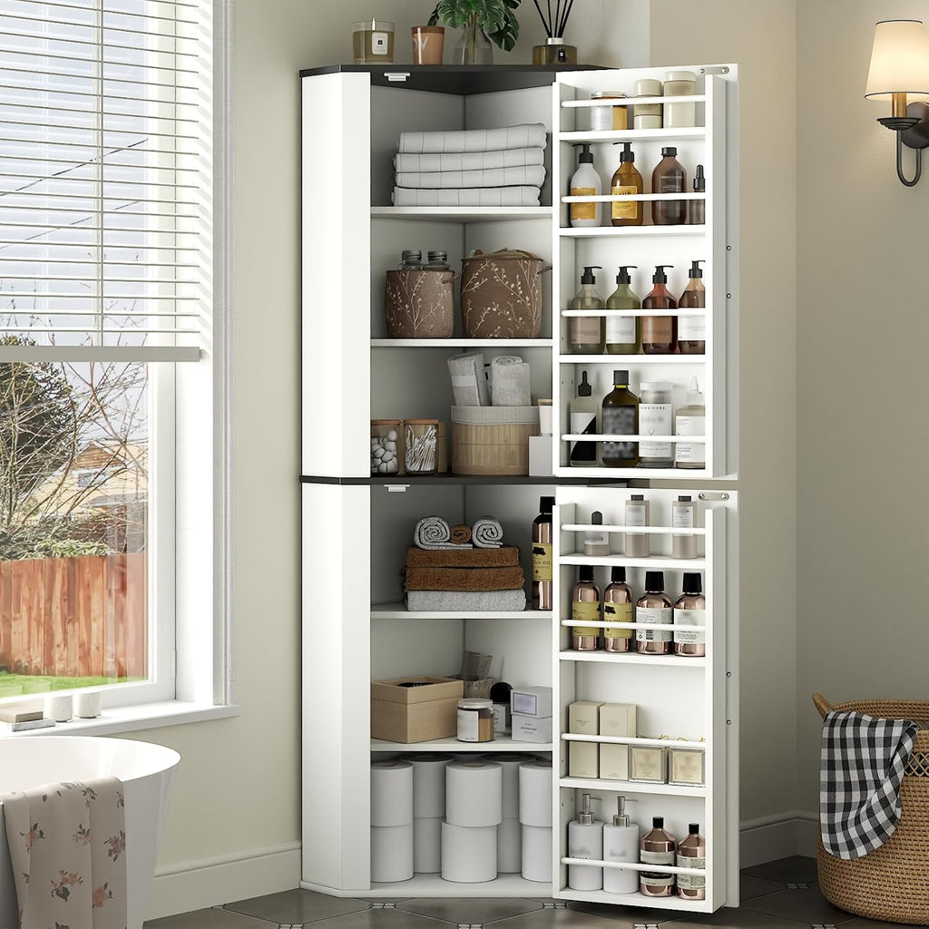 Corner Cabinet, Freestanding Kitchen Pantry Storage Cabinet, White Fluted