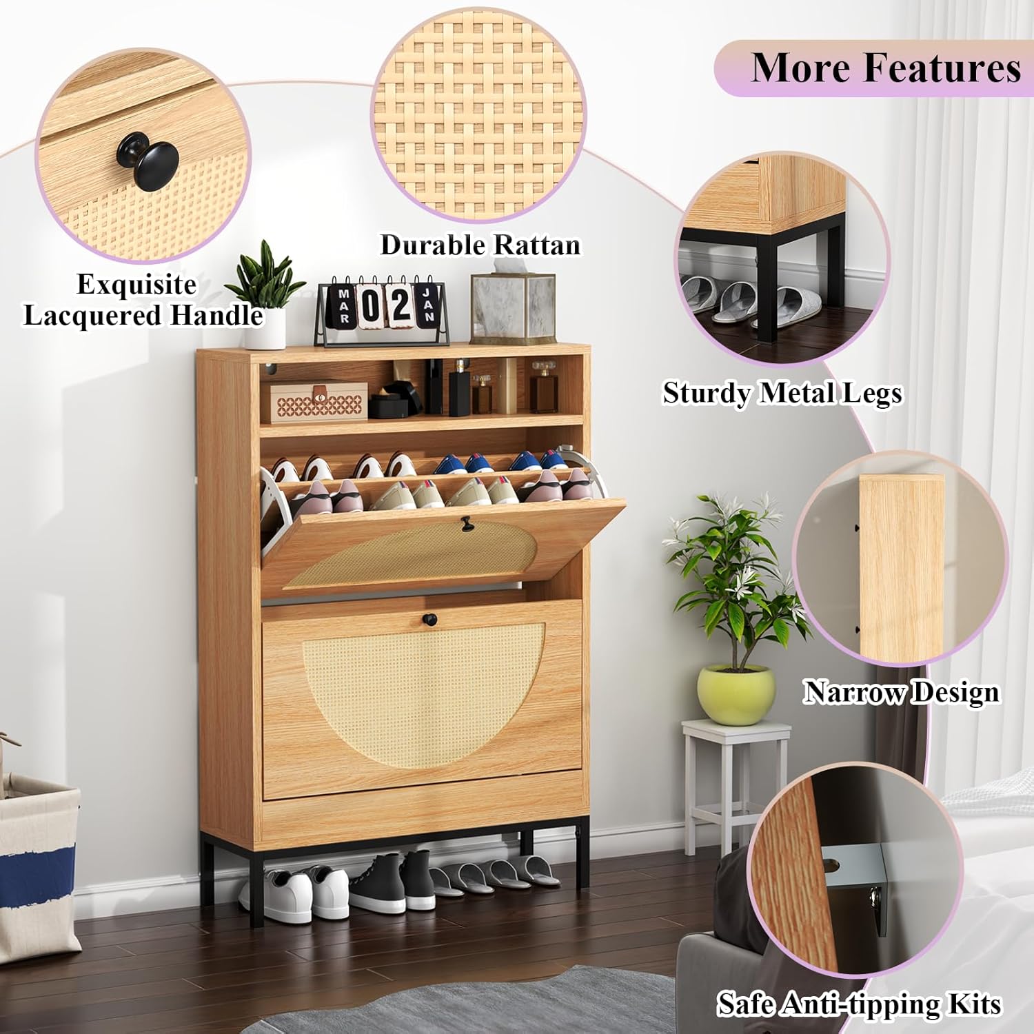 Rattan Shoe Cabinet with 2 Flip Drawers, Free Standing Narrow Shoe Storage Organizer with Top Cubby, Slim Shoe Rack Cabinet for Entryway, Natural (Natural)