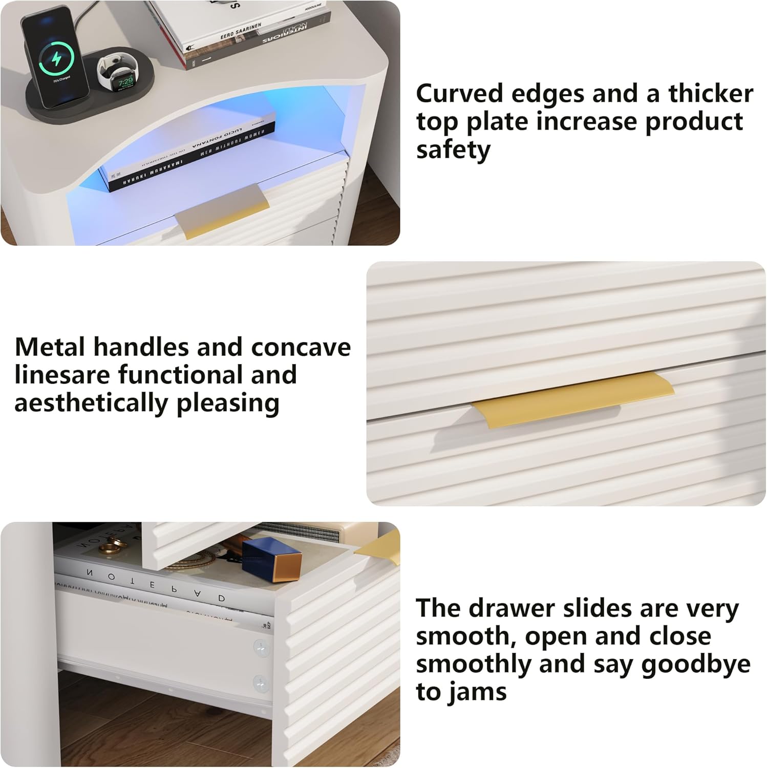 Fluted Night Stand with Charging Station, White Nightstand with LED Lights, Modern Bedside Table with 2 Large Drawers, End Table with Open Storage Shelf, Night Stands for Bedroom, Living Room