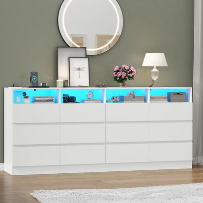 63" Wide 6-Drawer White Dresser with Divided Compartments, Charging Station & LED Lights, TV Stand for TVs up to 75", Large Organizer with 4 Open Cubbies