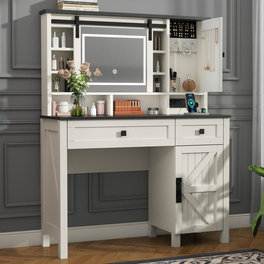 Farmhouse Makeup Vanity Desk with Sliding Mirror and Lights, 42" White Vanity Set with Charging Station & 2 Drawers & 2 Cabinets, Dressing Table for Bedroom (White)