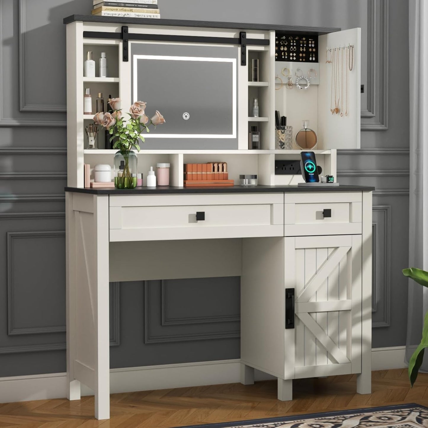 Farmhouse Makeup Vanity Desk with Sliding Mirror and Lights, 42" White Vanity Set with Charging Station & 2 Drawers & 2 Cabinets, Dressing Table for Bedroom (White)