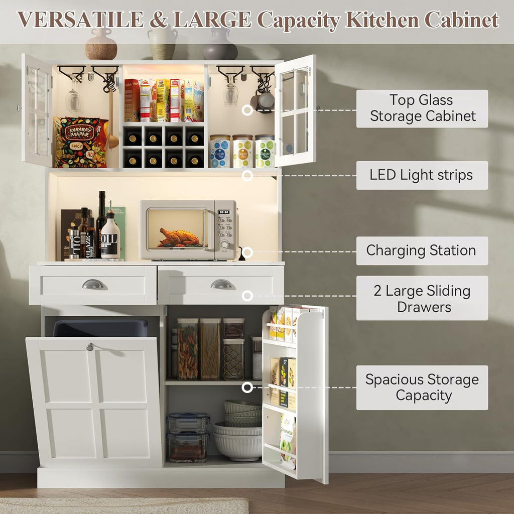 Kitchen Pantry Cabinet with Trash Can Storage, White Kitchen Hutch with Power Outlet & LED Light, Tall Bar Cabinet with Drawers & Wine Rack & Microwave Stand, Modern Pantries for Home (White)