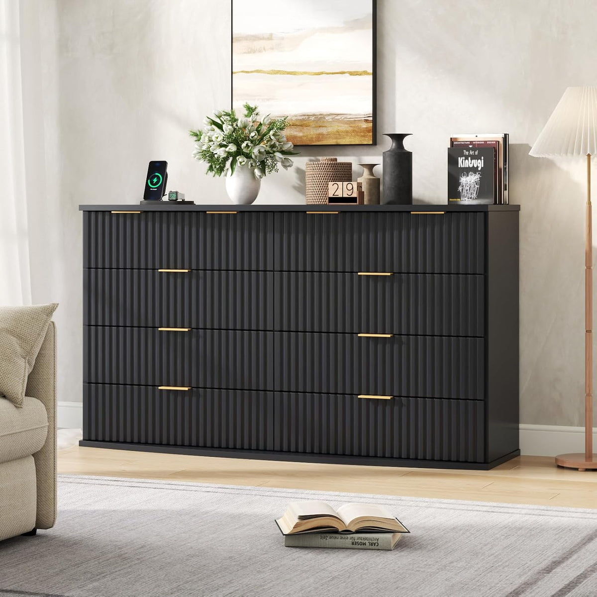 8 Drawer Dresser with Fluted Panel, 47.25" Wide Black Chest of Drawers with Power Outlet, Wooden Dresser Organizer with Sturdy Metal Handle, Modern Dresser TV Stand for Bedroom, Living Room, Entryway