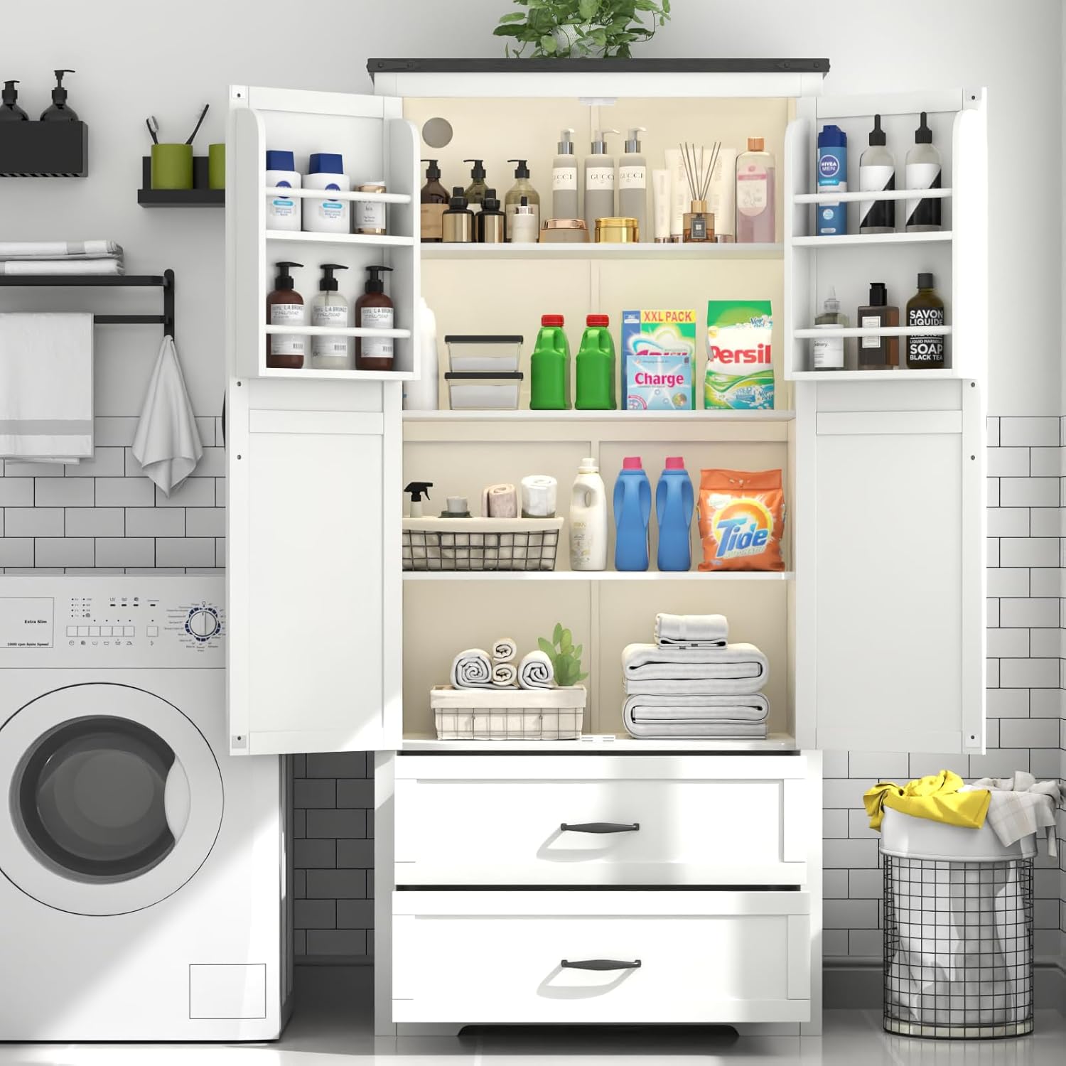 Tall Farmhouse Kitchen Cabinet with Sensor Light, Food Pantry Cabinet with 2 Large Drawers and Adjustable Shelves, Traditional Freestanding Cupboard with Doors for Kitchen (White)