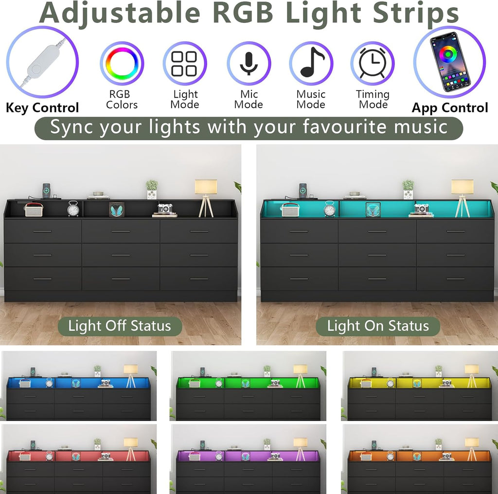 9 Drawers Dresser for Bedroom with Power Outlet, Chest of Drawers with LED Light, Modern Dressers with Open Storage Cubby, Triple Wide Dressers Organizer for Living Room (Black-)