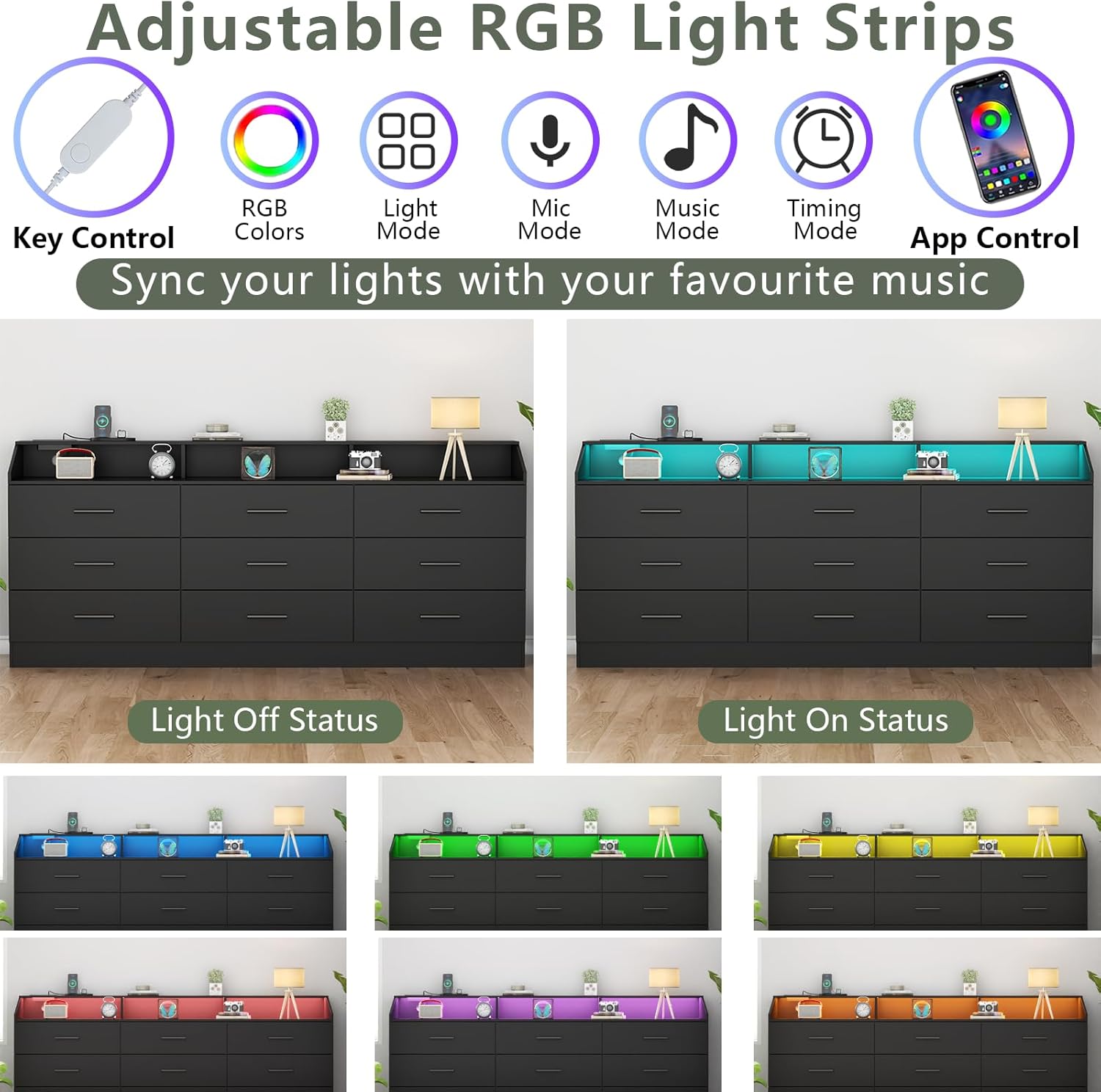 9 Drawers Dresser for Bedroom with Power Outlet, Chest of Drawers with LED Light, Modern Dressers with Open Storage Cubby, Triple Wide Dressers Organizer for Living Room (Black-)