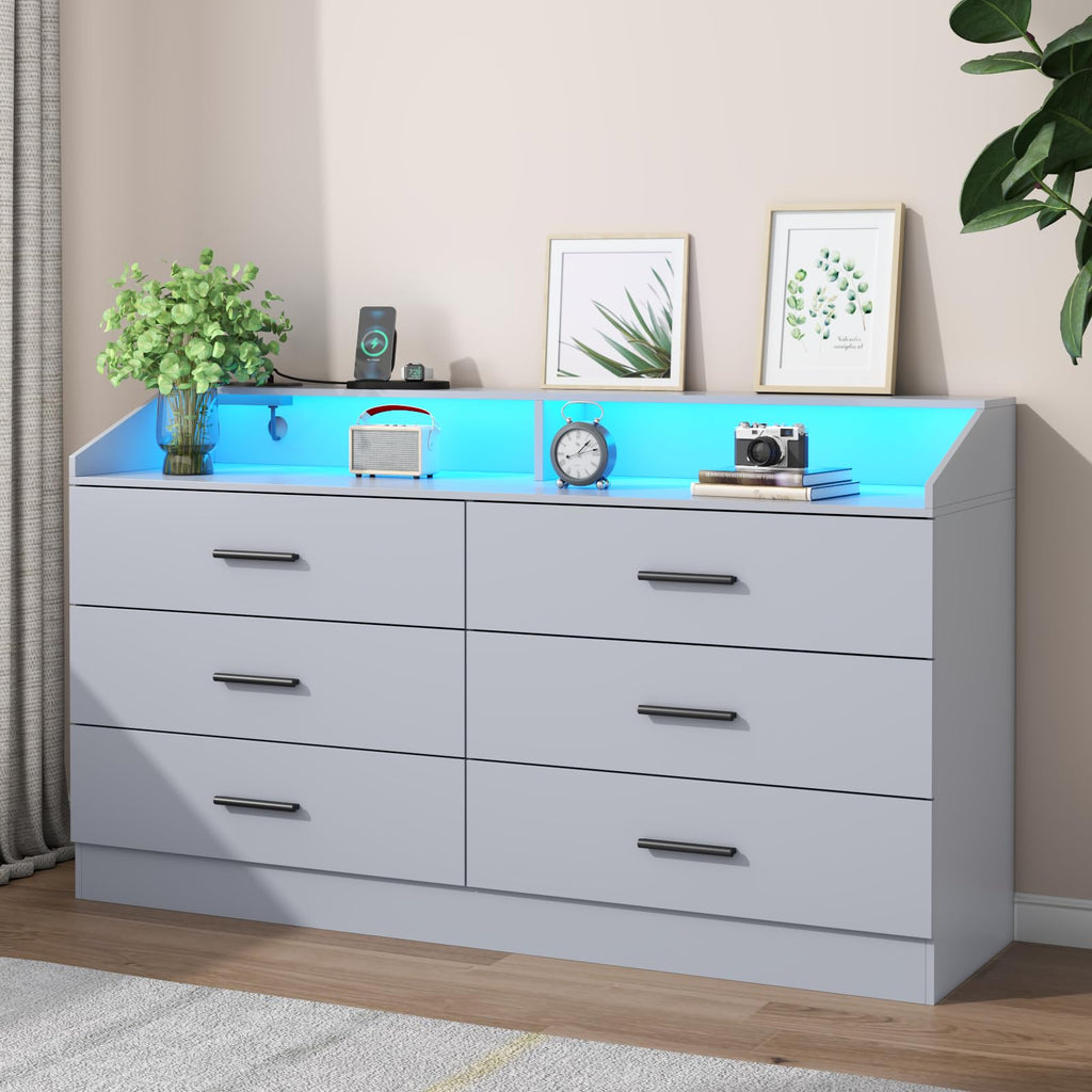 6 Drawer Dresser with Power Outlet, Chest of Drawers with LED Light, Modern Dresser with Open Storage Cubby, Double Wide Dressers Organizer for Bedroom, Living Room, Entryway, Hallway