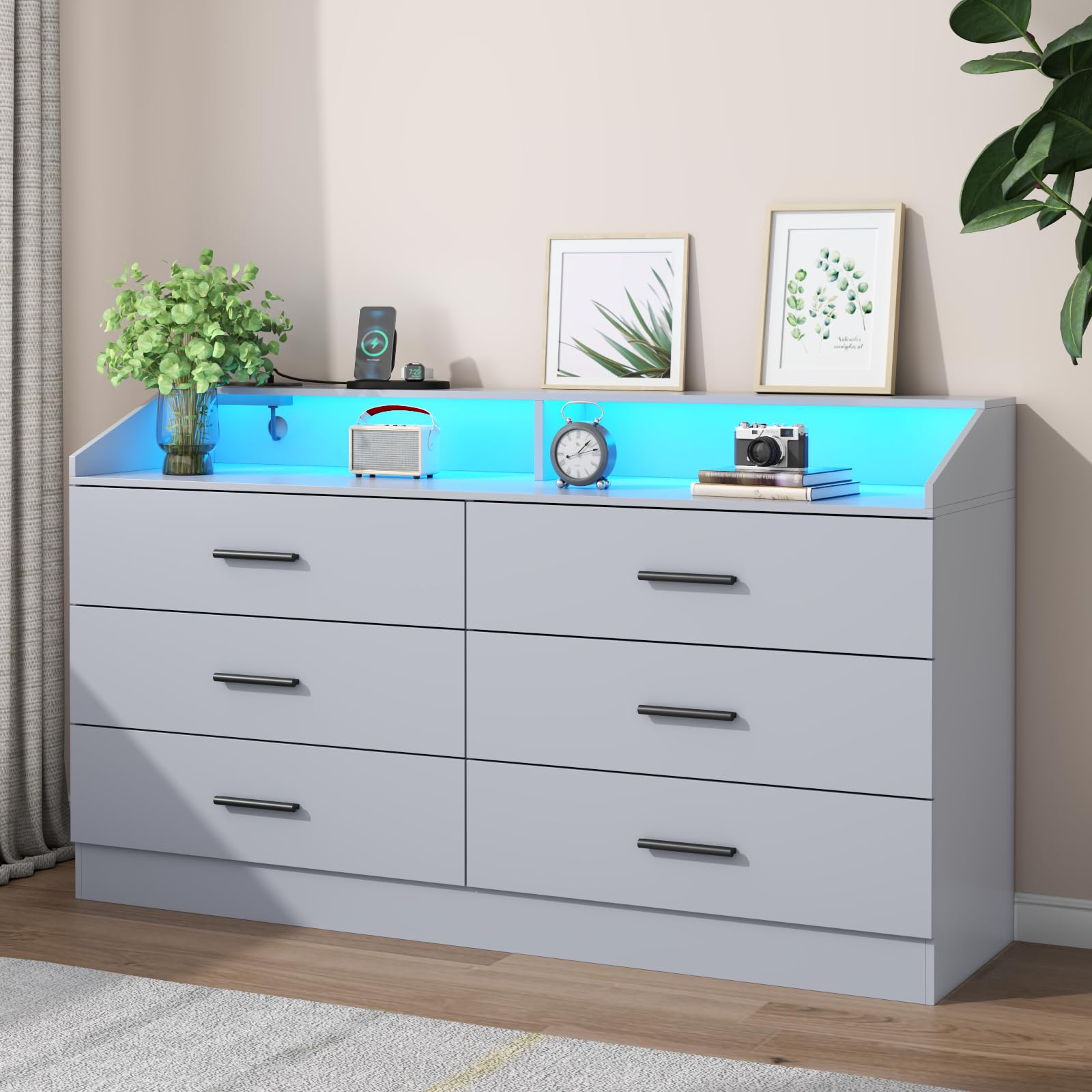 6 Drawer Dresser with Power Outlet, Chest of Drawers with LED Light, Modern Dresser with Open Storage Cubby, Double Wide Dressers Organizer for Bedroom, Living Room, Entryway, Hallway