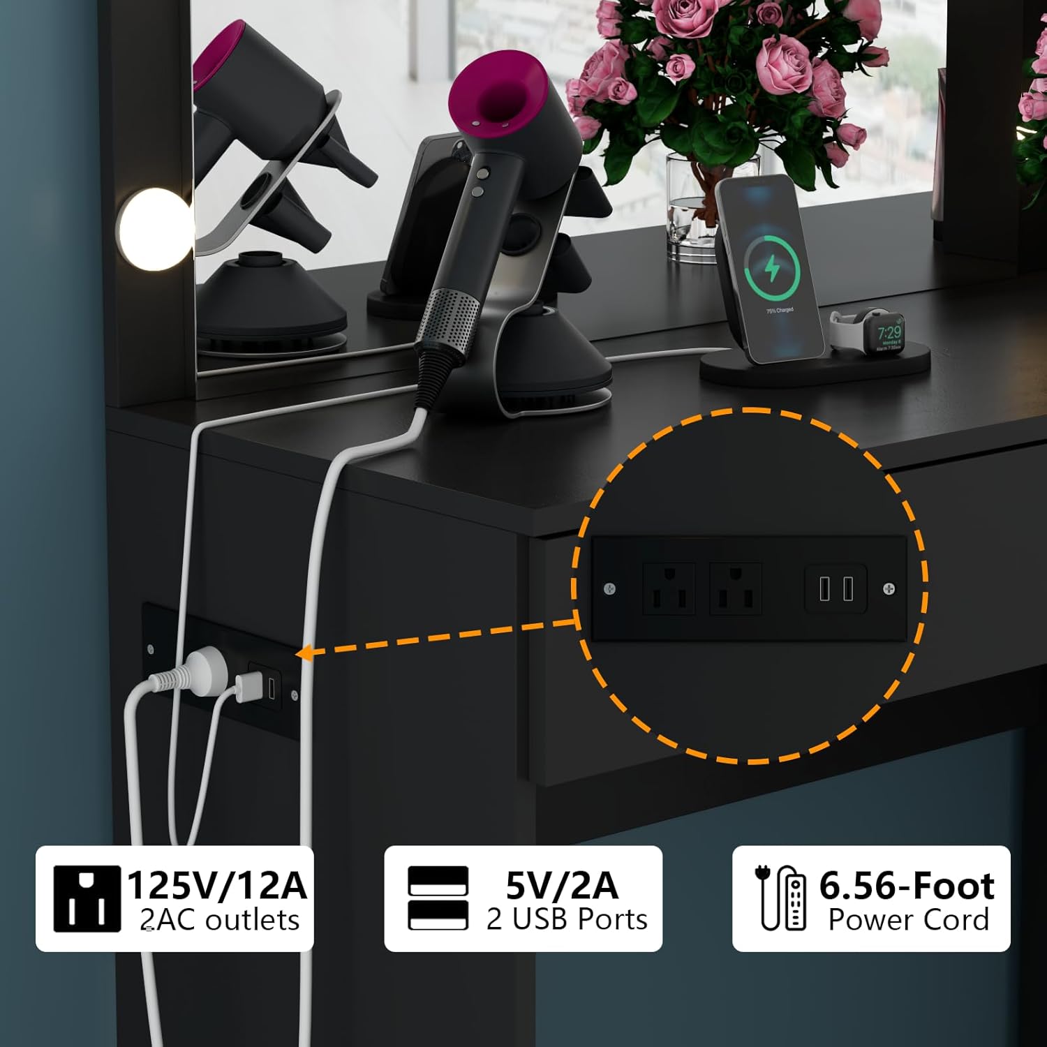 39 Inches Black Vanity Desk with Lights, 6-Drawers Makeup Vanity Table with Power Strip and Storage Shelves, Dressing Table with Lighted Mirror for Women Girls (Black)