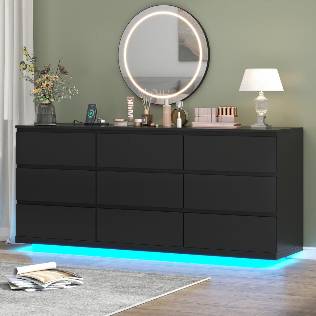6 Drawer Dresser with Power Outlet, Floating White Dresser Chest of Drawer with LED Light,Modern Double Wide Drawer Organizer Cabinet for Bedroom,Living Room (Black)