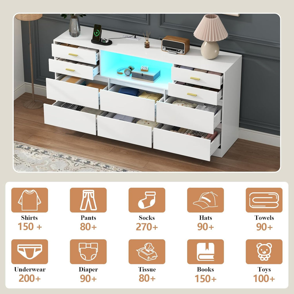 10 Drawers Dresser, LED Dressers & Chests of Drawers with Power Outlet, 58" Wide Long Dresser for Bedroom, Modern TV Stand with 1 Open Storage Cubbies (White)