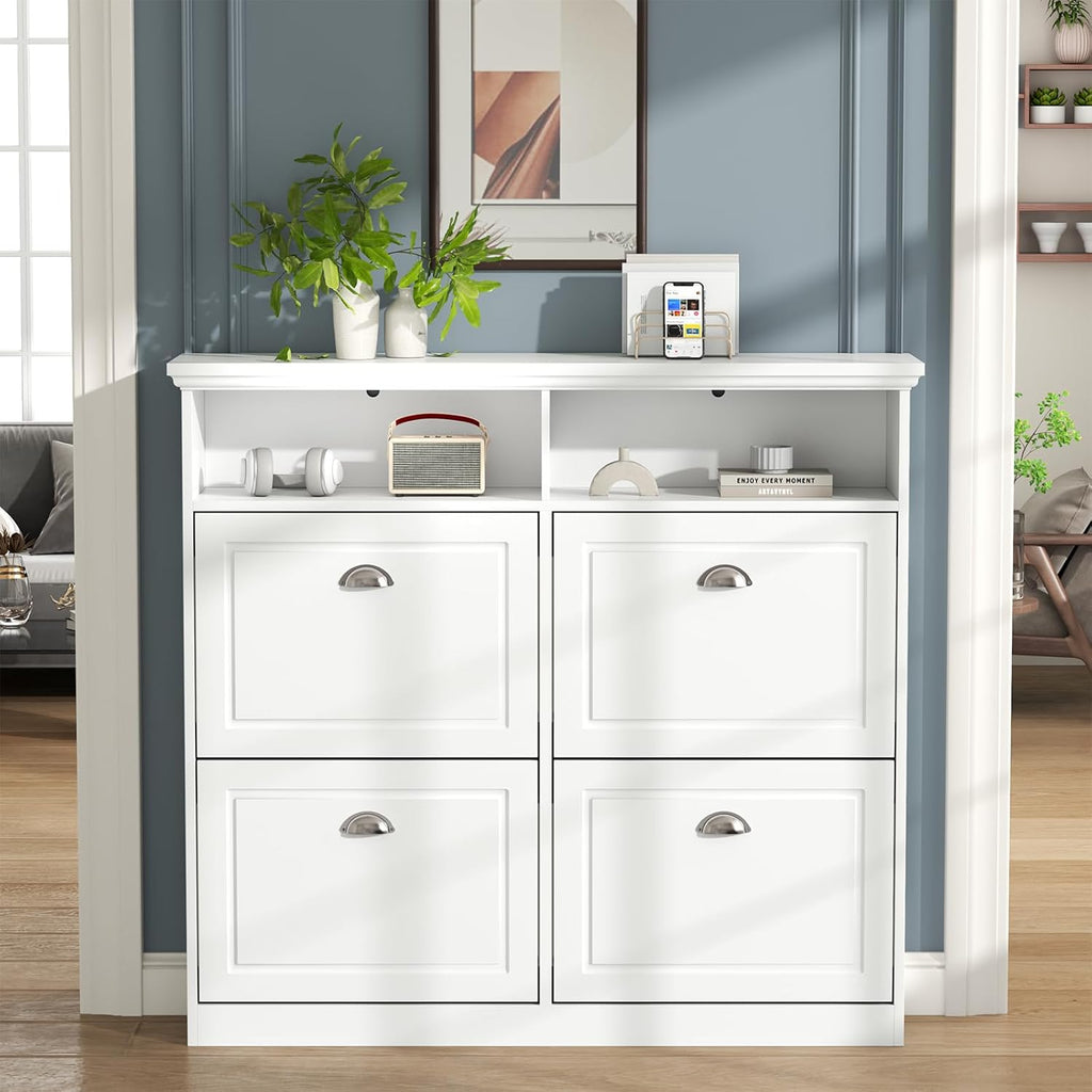 Shoe Cabinet with 4 Flip Drawers, Shoe Storage Cabinet for Entryway, Freestanding Hidden Shoe Cabinet Organizer with Open Storage, Slim Narrow Shoe Rack Cabinet (White)