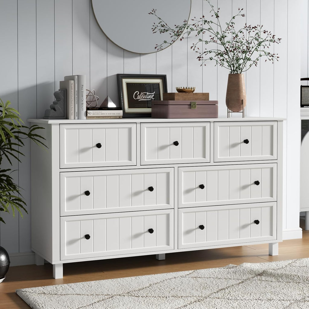 White Dresser for Bedroom, Farmhouse 7 Drawers Dresser with Deep Drawers, Wood Dressers Chest of Drawers with Metal Handles, Wide Modern Dressers Large TV Stand for Living Room, Closet, Hallway
