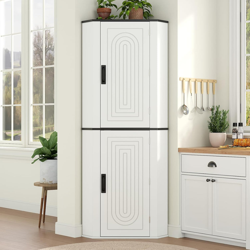 Corner Cabinet, Freestanding Kitchen Pantry Storage Cabinet, White Fluted