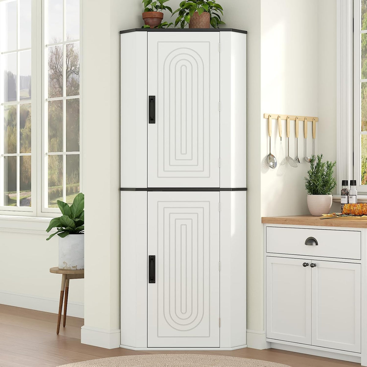 Corner Cabinet, Freestanding Kitchen Pantry Storage Cabinet, White Fluted