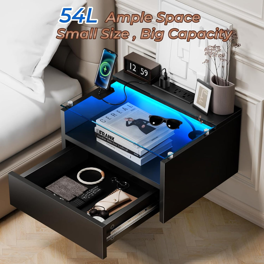 Floating Nightstand with Charging Station, Floating Night Stand with Charging Station and LED, Night Stand for Living Room, Entryway Wall, Bedroom White Nightstand