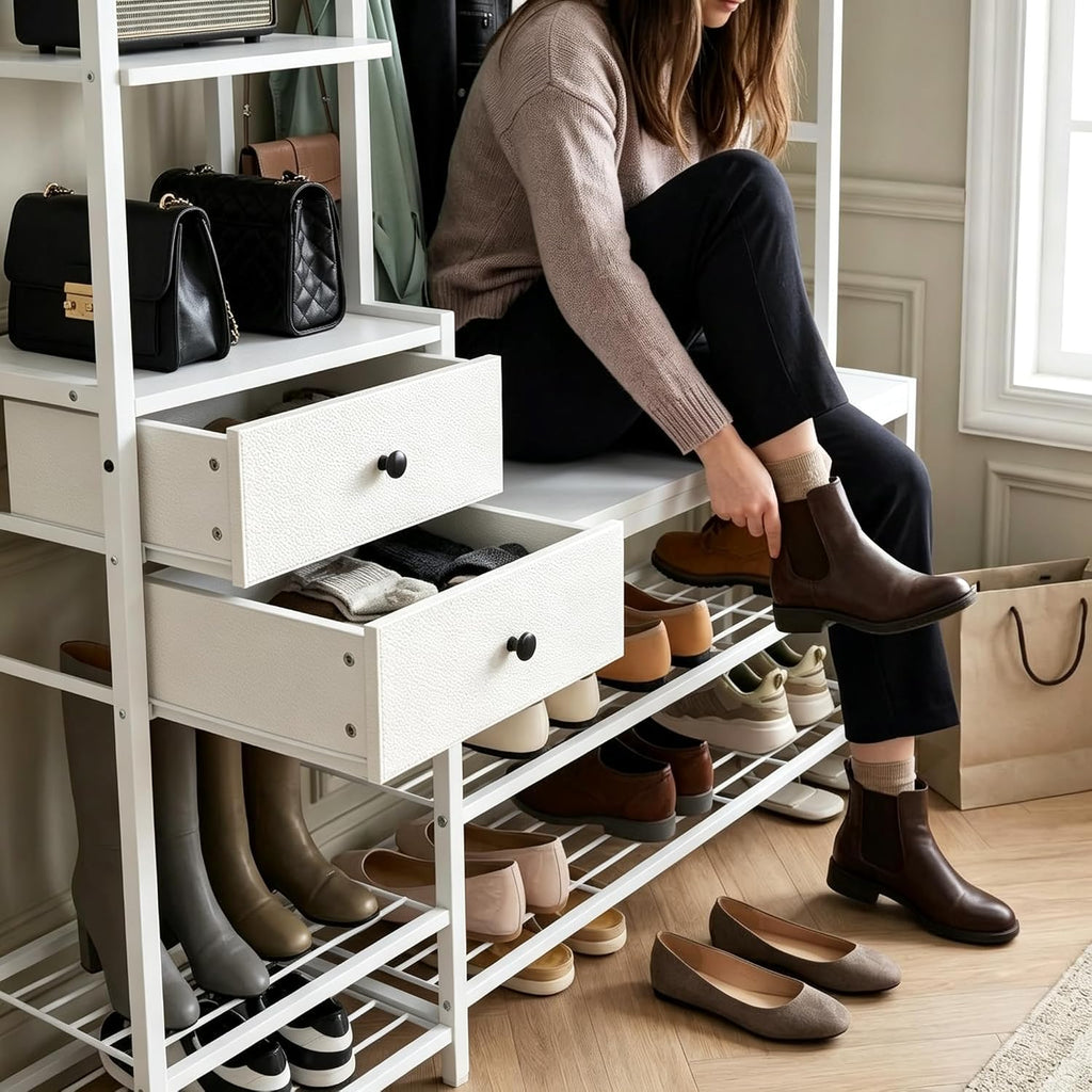 White Hall Tree with Bench and Shoe Storage, 55" Wide Entryway Coat Rack