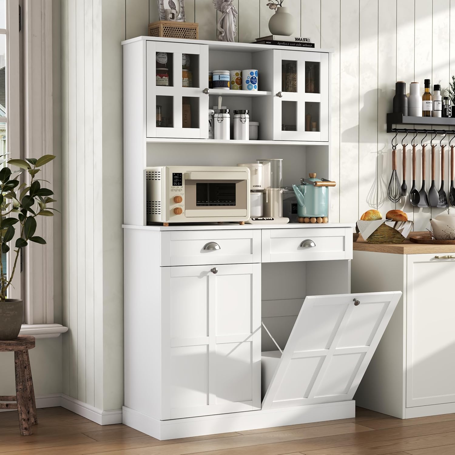 Kitchen Pantry Cabinet with Double Tilt Out Trash Cabinet, 68" Tall Storage Cabinets with 2 Drawers & Hutch, 20 Gallon Hidden Trash Can Cabinets, Kitchen Cupboard with Microwave Coffee Stand
