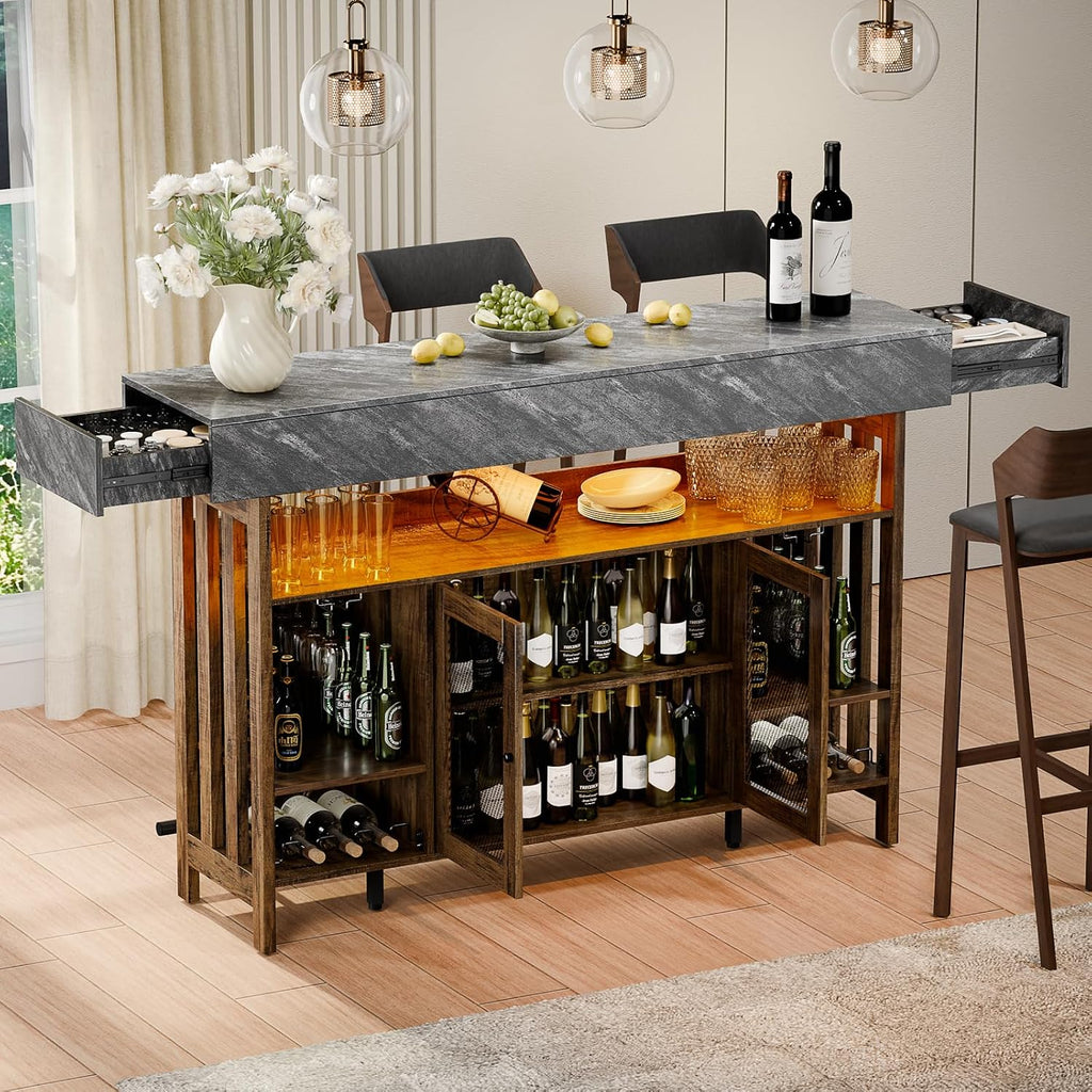 4-Tier Home Bar Unit, 63-Inch Wooden & Dark Gray Marble Bar Cabinet, LED Liquor Bars Station with Footrest, Wine Rack, Cabinet Door and 2 Drawers, Modern Bars Table with Storage for Home, Pub (Brown)