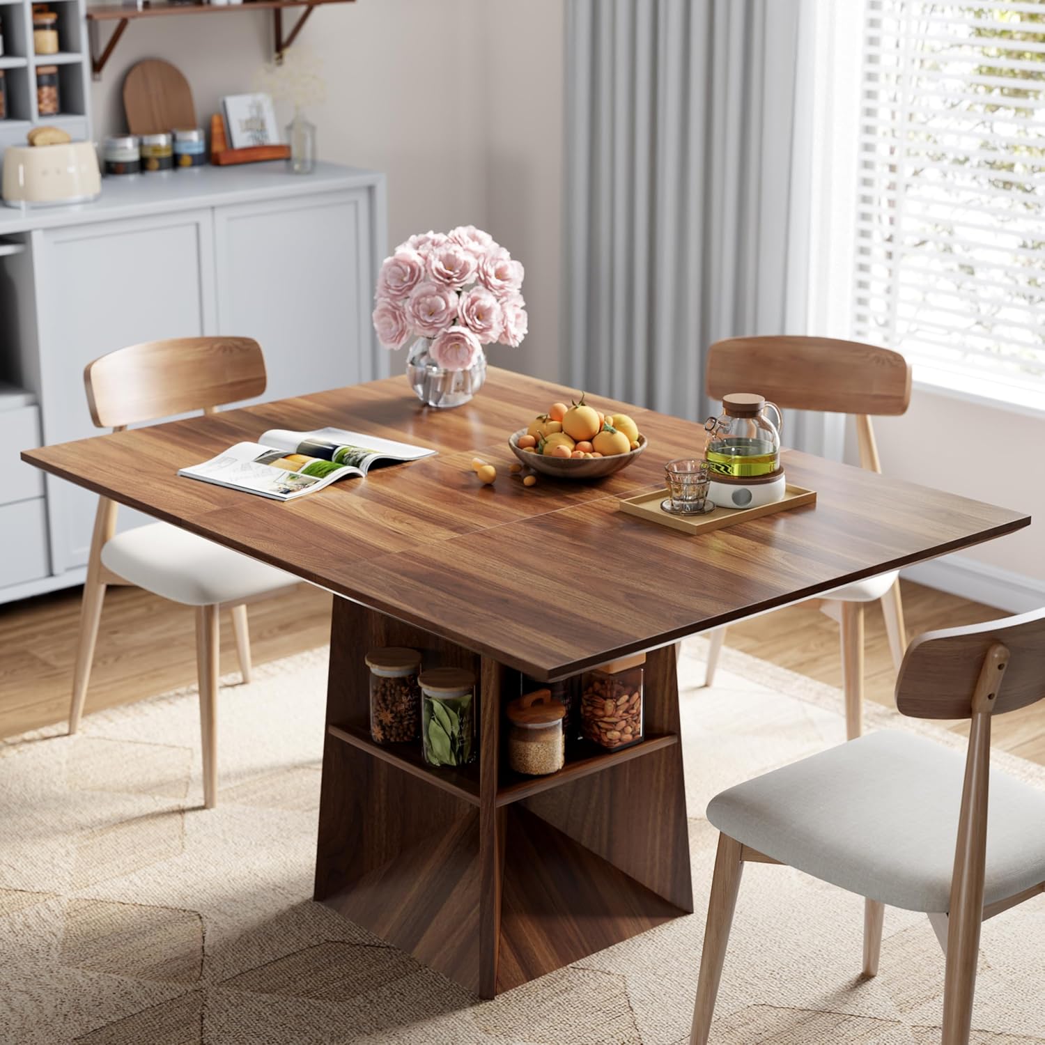 40"-54" Extendable Dining Table for 4/6/8, Modern Kitchen Table with Storage Shelf & Foot Support, Farmhouse Wood Dining Table for Living Room, Kitchen, Home, Office, Walnut