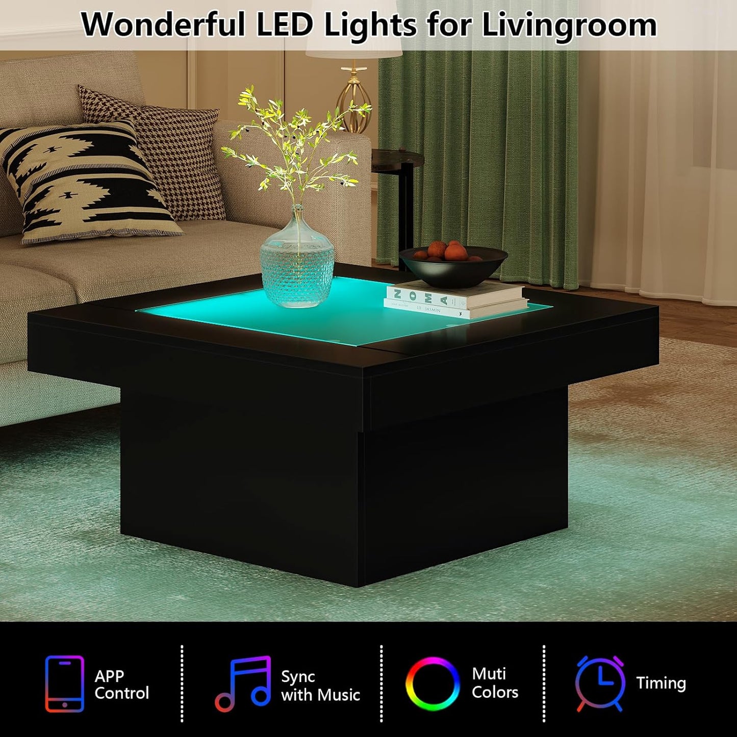 Square Coffee Table with LED Lights, 35.4" Coffee Tables for Living Room, Tempered Glass-top Coffee Table, Black Modern Center Table, Engineered Wood Low Coffee Tables for Home Office