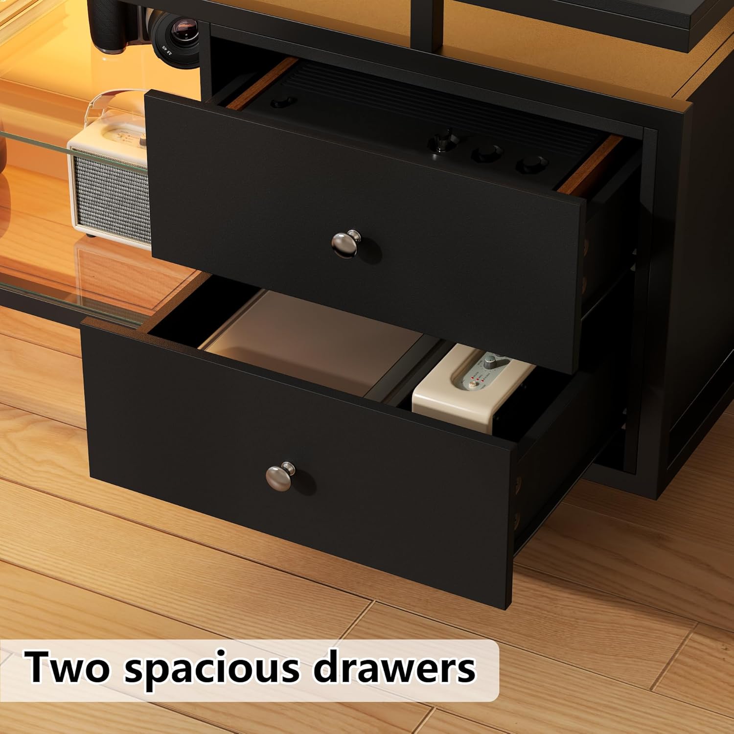 TV Stand for 65 Inch TV, LED Light Entertainment Center with Power Outlet and Storage Drawers & Cabinets, Modern Wood Media TV Console with Glass Shelves for Living Room Bedroom (Black)