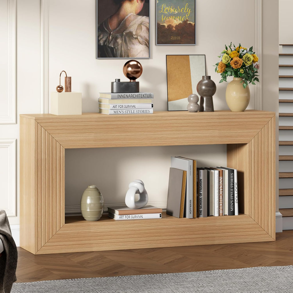 55" Console Table, 2-Tier Farmhouse Sofa Table with Storage Behind Couch, Narrow Rectangular Entryway Table for Living Room, Hallway, Entrance, Foyer, Natural