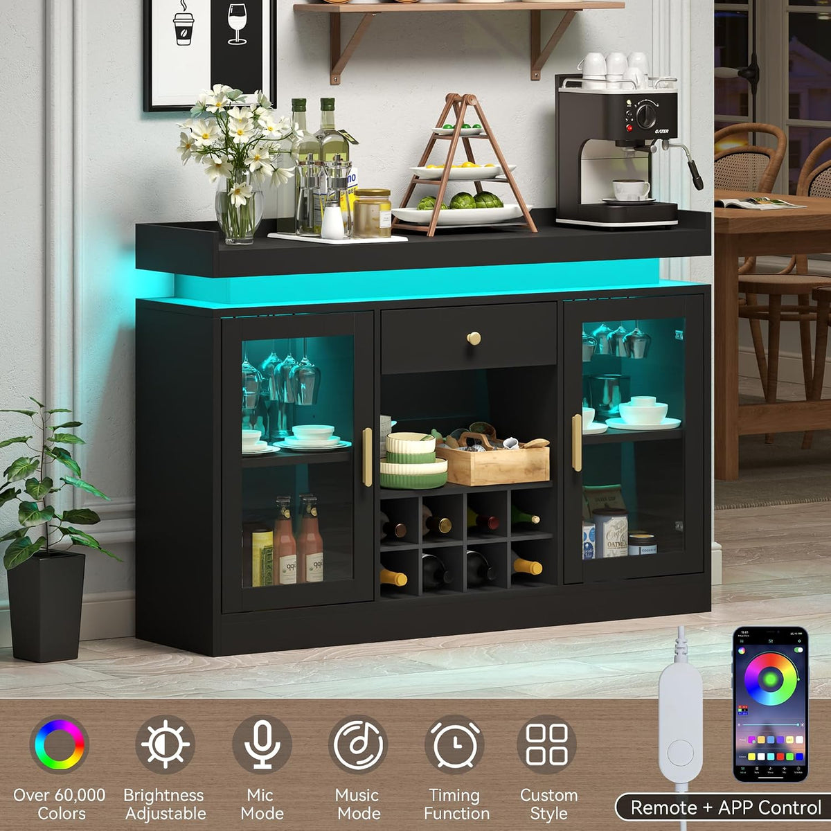 Wine Bar Cabinet with Led, Black Liquor Cabinet with Wine & Glass Rack