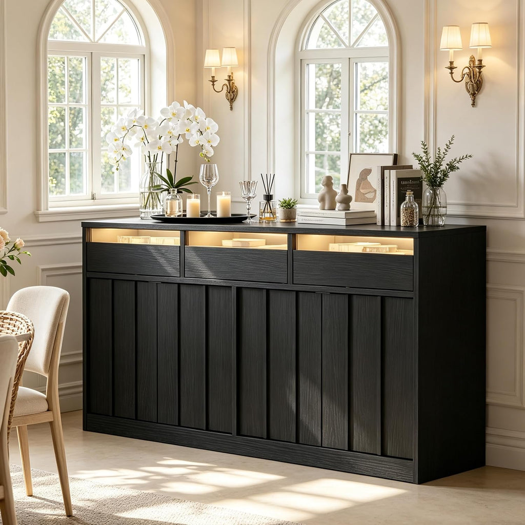 55'' Modern Buffet Cabinet with Outlet & Led, Black Sideboard with Drawer