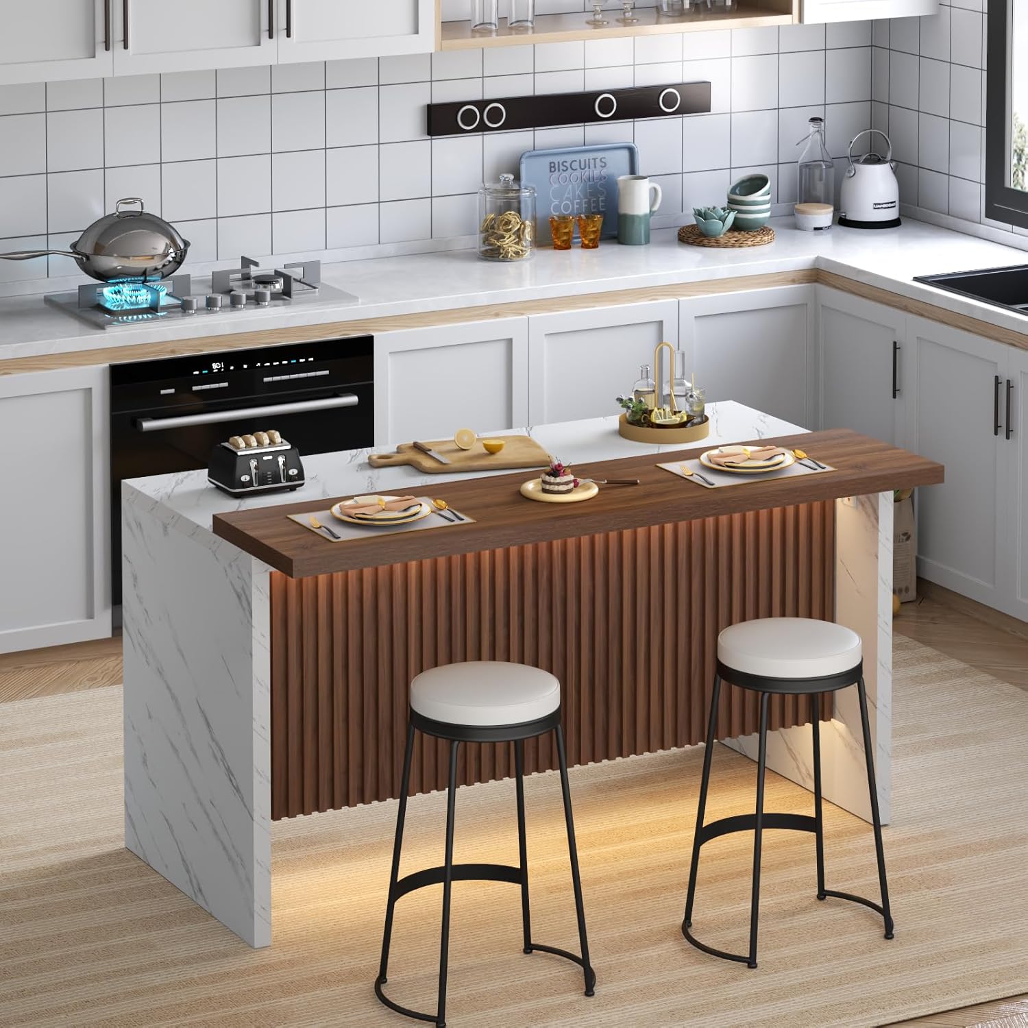 63" Large Imitation Marble Bar Table,Island Table with LED Lights,Mordern Marble Stripes Freestanding Mini Bar with Grille design,Home Bar Unit for Home Kitchen, Living Room, Balcony, Basement (White)