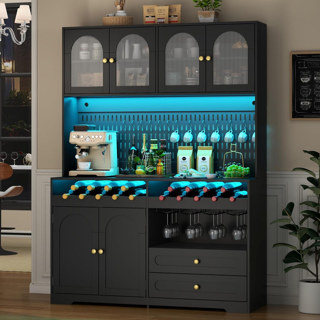 71'' Tall Kitchen Pantry Storage Cabinet, Large Black Pantry Cabinet with Wine & Glass Rack, 47'' Extra Wide LED Pantries with DIY Pegboard & Drawers & Doors, Modern Kitchen Hutch with Countertop
