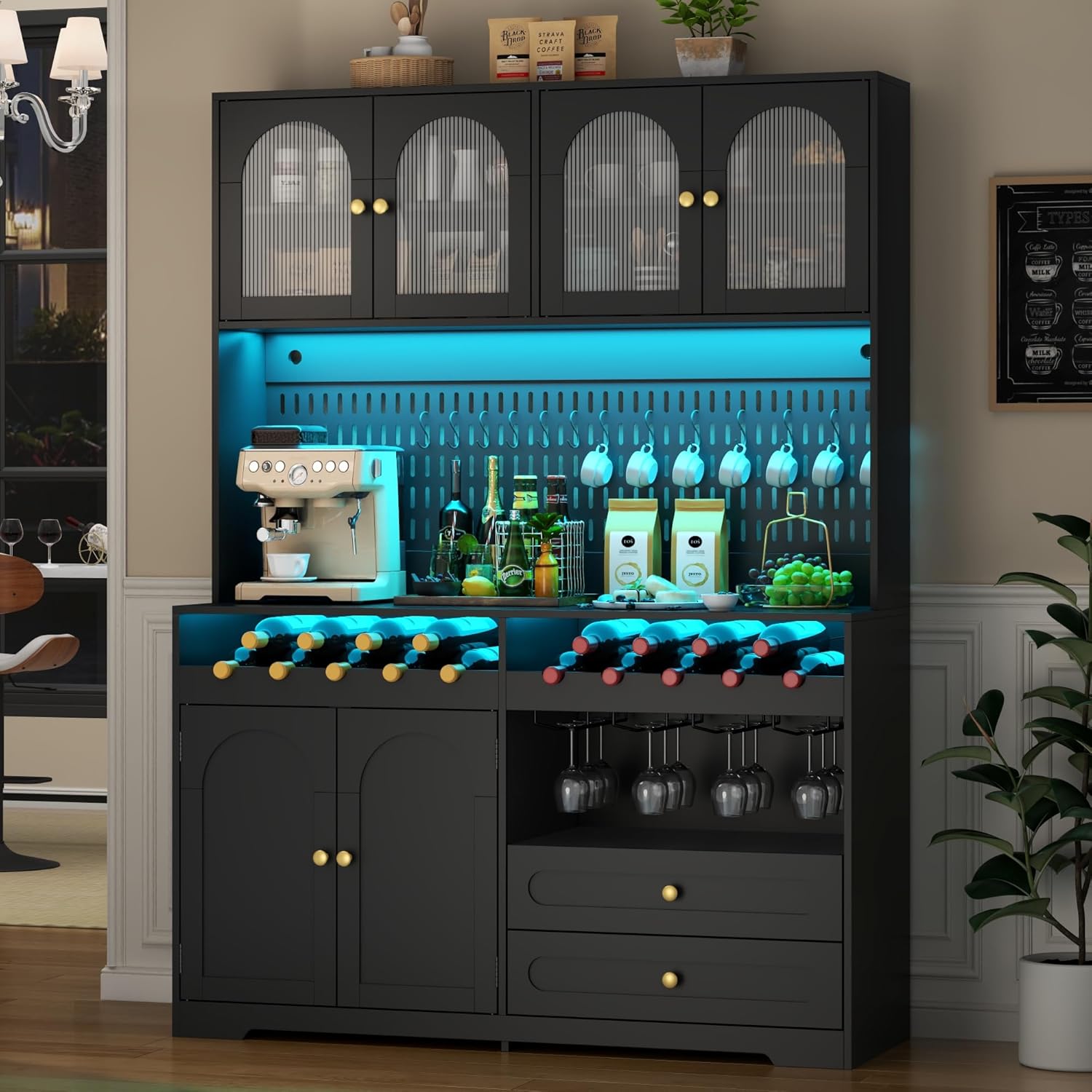 71'' Tall Kitchen Pantry Storage Cabinet, Large Black Pantry Cabinet with Wine & Glass Rack, 47'' Extra Wide LED Pantries with DIY Pegboard & Drawers & Doors, Modern Kitchen Hutch with Countertop