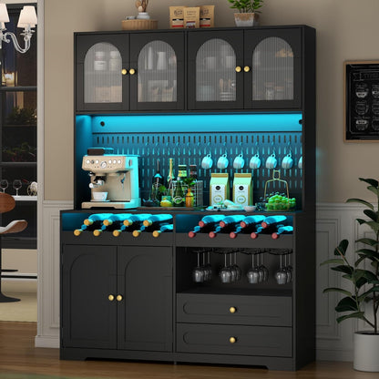 71'' Tall Kitchen Pantry Storage Cabinet, Large Black Pantry Cabinet with Wine & Glass Rack, 47'' Extra Wide LED Pantries with DIY Pegboard & Drawers & Doors, Modern Kitchen Hutch with Countertop
