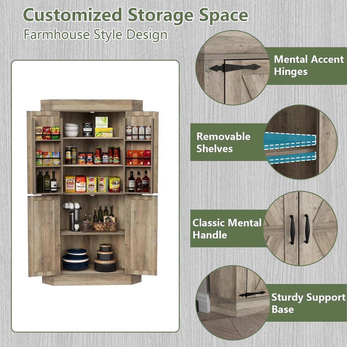 Corner Cabinet,Kitchen Pantry Storage Cabinet,Freestanding Buffet Hutch with 4 Doors and Shelves,Tall Food Pantry Farmhouse Furniture with Side Rack for Kitchen Dining Room(Retro)