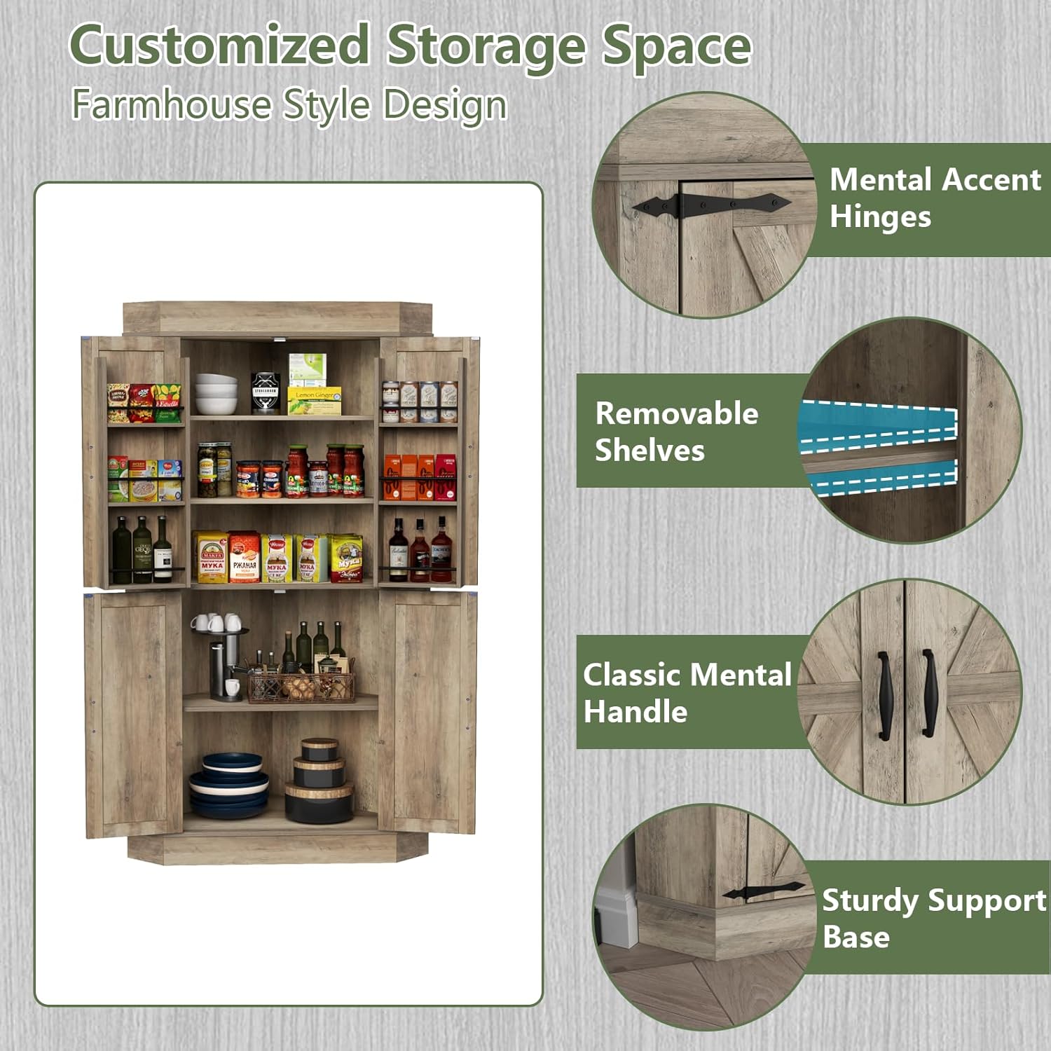 Corner Cabinet,Kitchen Pantry Storage Cabinet,Freestanding Buffet Hutch with 4 Doors and Shelves,Tall Food Pantry Farmhouse Furniture with Side Rack for Kitchen Dining Room(Retro)