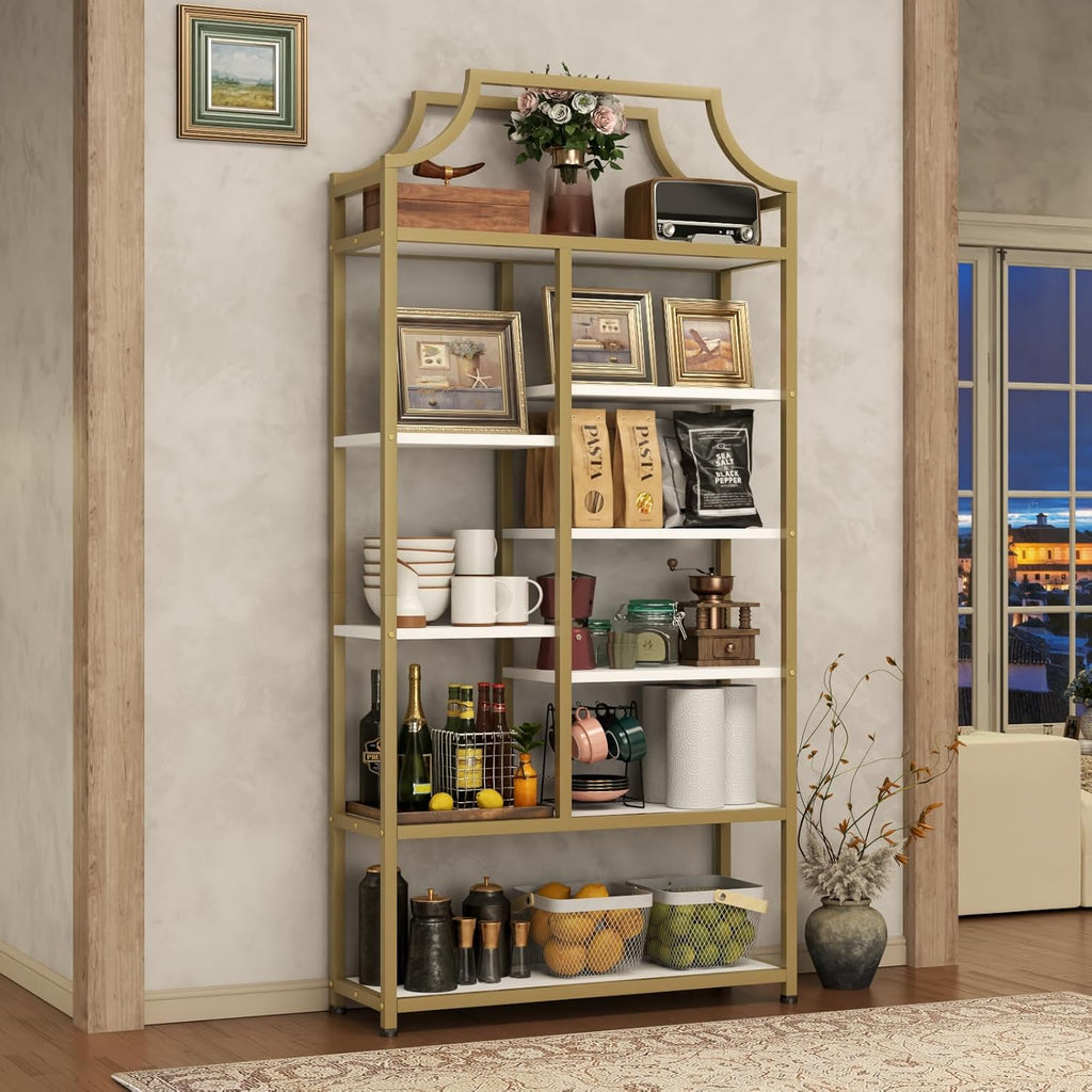 Lux Etagere 8-Tier Open Shelf Bookcase – 70.87" H x 31.5" L, Modern Metal Frame with Gold Finish & White Shelves, Tall Storage Display for Bedroom, Home Office & Living Room (Gold)