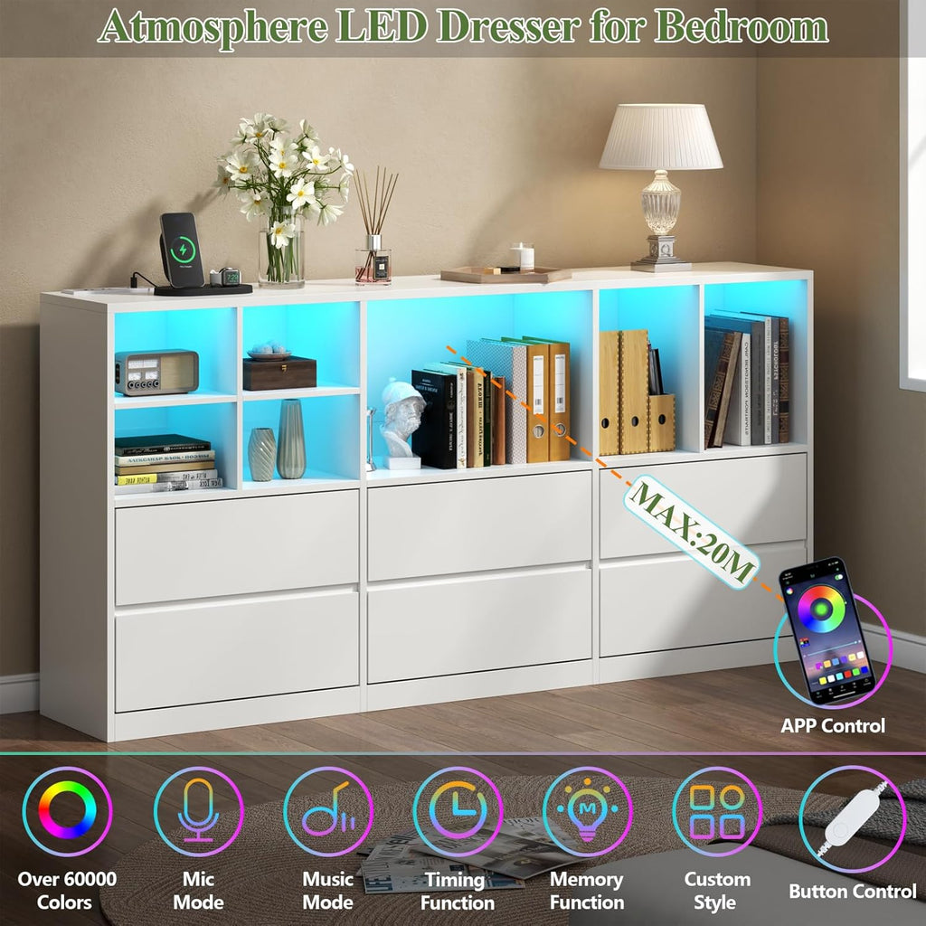 White Dresser for Bedroom with 6 Drawers, Chest of Drawers with Led Lights&Charging Station, 63" Long Dresser with 7 Open Cubbies, Storage Drawers for Living Room, Closet, Hallway (White)
