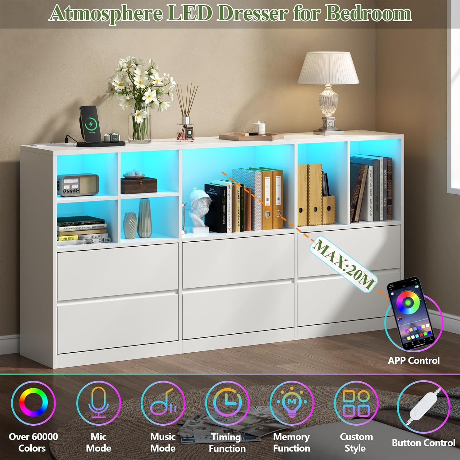 White Dresser for Bedroom with 6 Drawers, Chest of Drawers with Led Lights&Charging Station, 63" Long Dresser with 7 Open Cubbies, Storage Drawers for Living Room, Closet, Hallway (White)