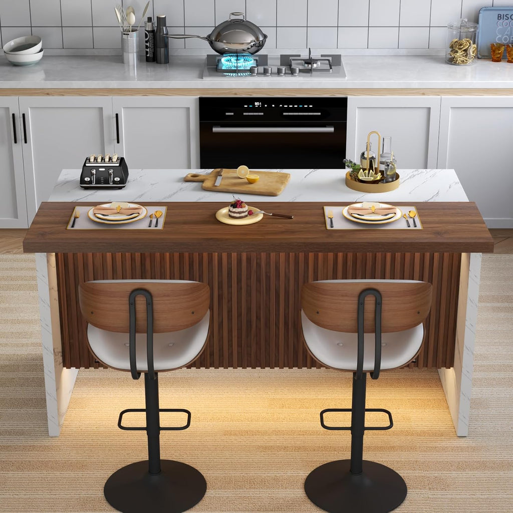 63" Large Imitation Marble Bar Table,Island Table with LED Lights,Mordern Marble Stripes Freestanding Mini Bar with Grille design,Home Bar Unit for Home Kitchen, Living Room, Balcony, Basement (White)