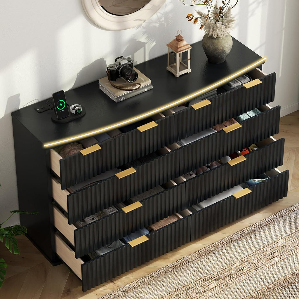 8 Drawer Dresser with Fluted Panel, 47.25" Wide Black Chest of Drawers with Power Outlet, Wooden Dresser Organizer with Sturdy Metal Handle, Modern Dresser TV Stand for Bedroom, Living Room, Entryway