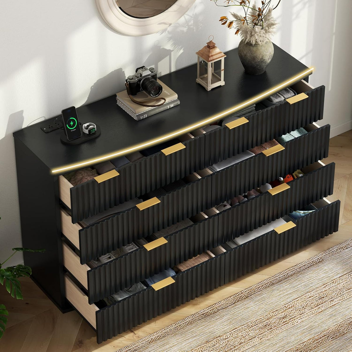 8 Drawer Dresser with Fluted Panel, 47.25" Wide Black Chest of Drawers with Power Outlet, Wooden Dresser Organizer with Sturdy Metal Handle, Modern Dresser TV Stand for Bedroom, Living Room, Entryway