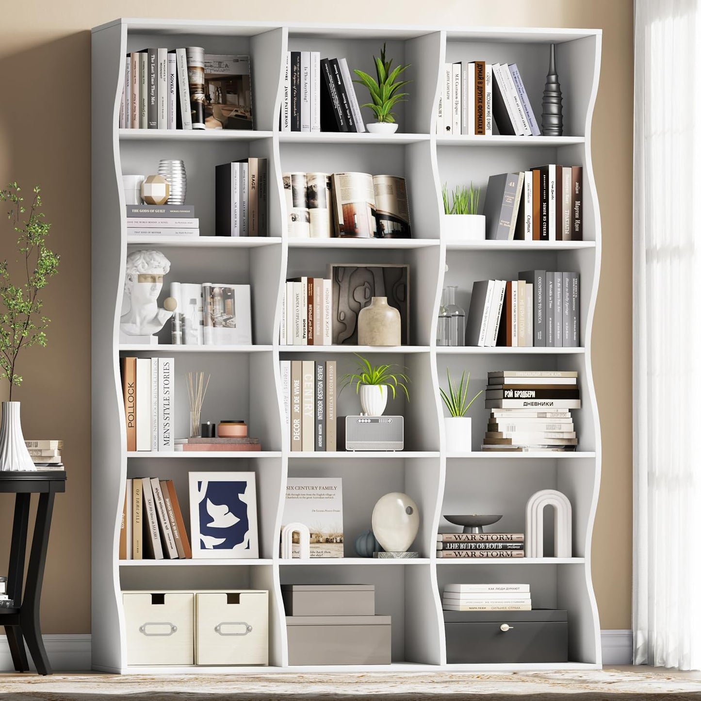 71" Triple Wide Bookshelf, 6 Tier Tall Bookcase with Storage, Large Book Shelves with 18 Open Display Shelves, White Bookcase for Living Room, Study, Home Office, Library (White)