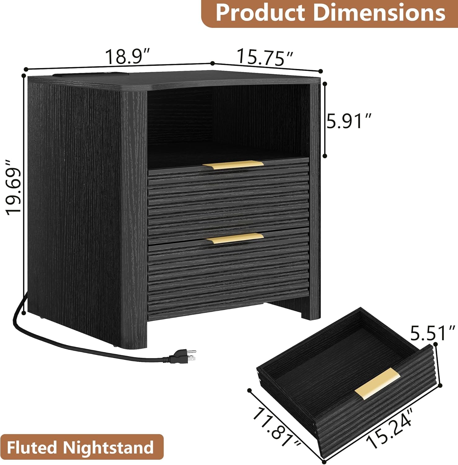 Fluted Nightstand with Charging Station & LED Lights, 2-Drawer White Bedside Table with Open Shelf