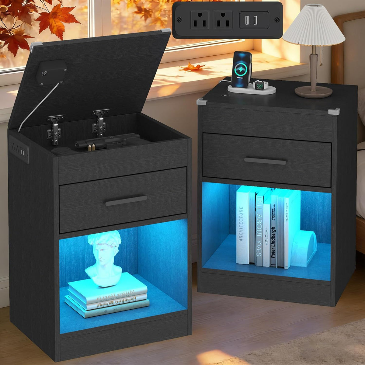 Black Nightstand Set of 2 with Charging Station & RFID Lock,LED Night Stand