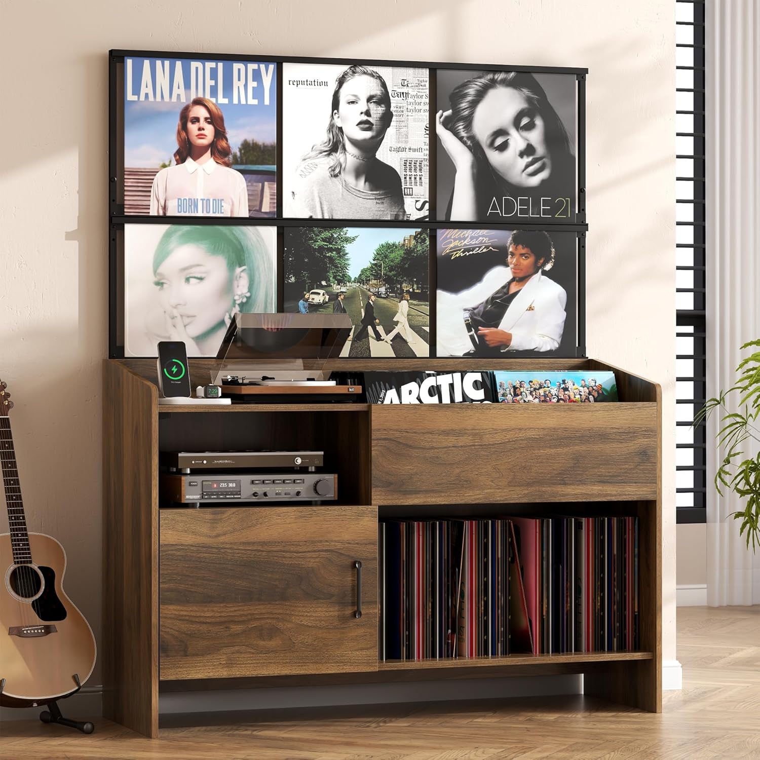 Upgraded Large Record Player Stand, Mid-Century Turntable Stand with Power Outlet, Large Record Player Table Holds Up to 500 Albums, Vinyl Storage Cabinet Display Shelf for Living Room (Walnut)